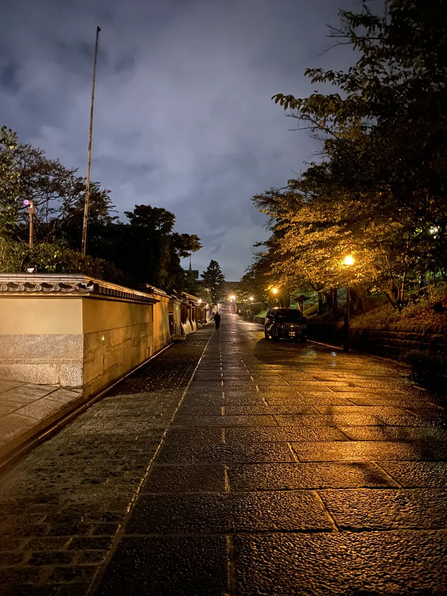 Nene-no-michi at night in the rain, wet stone paving reflecting orange streetlamps in Higashiyama, Kyoto